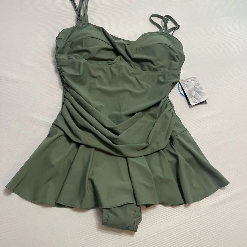NWT BALEAF Dark Olive Green Swim Dress  One Piece Swimsuit Size 36 New